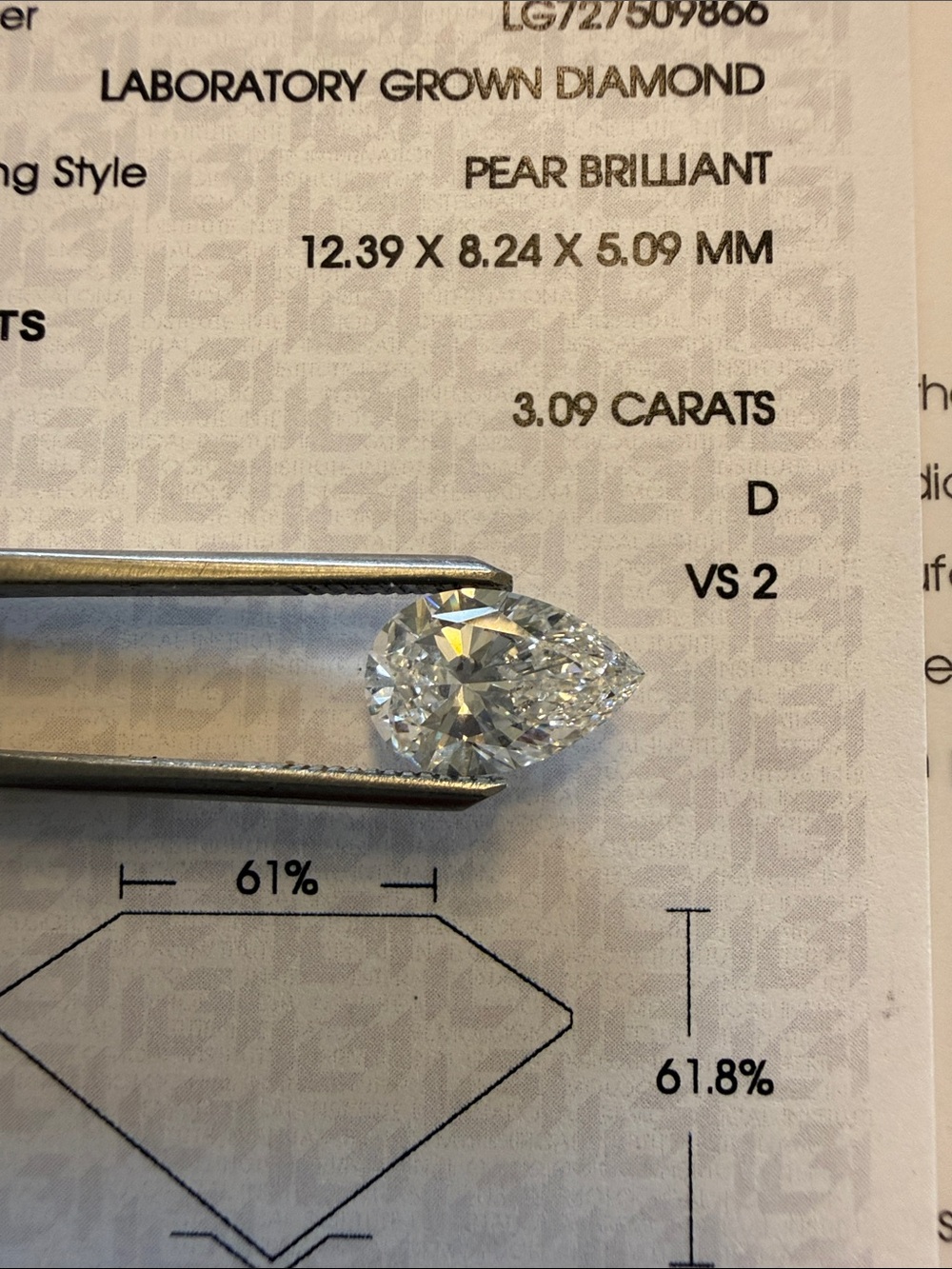 Pear Brilliant Laboratory-Grown Diamond Pear Cut - D Color VS2 - 3.09 ct